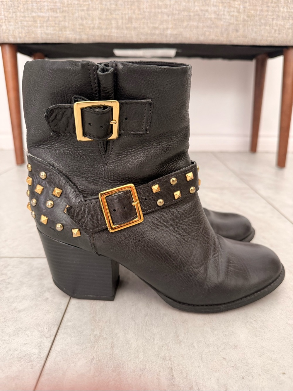 Black Studded Leather Ankle Boots with Gold Buckles - Women